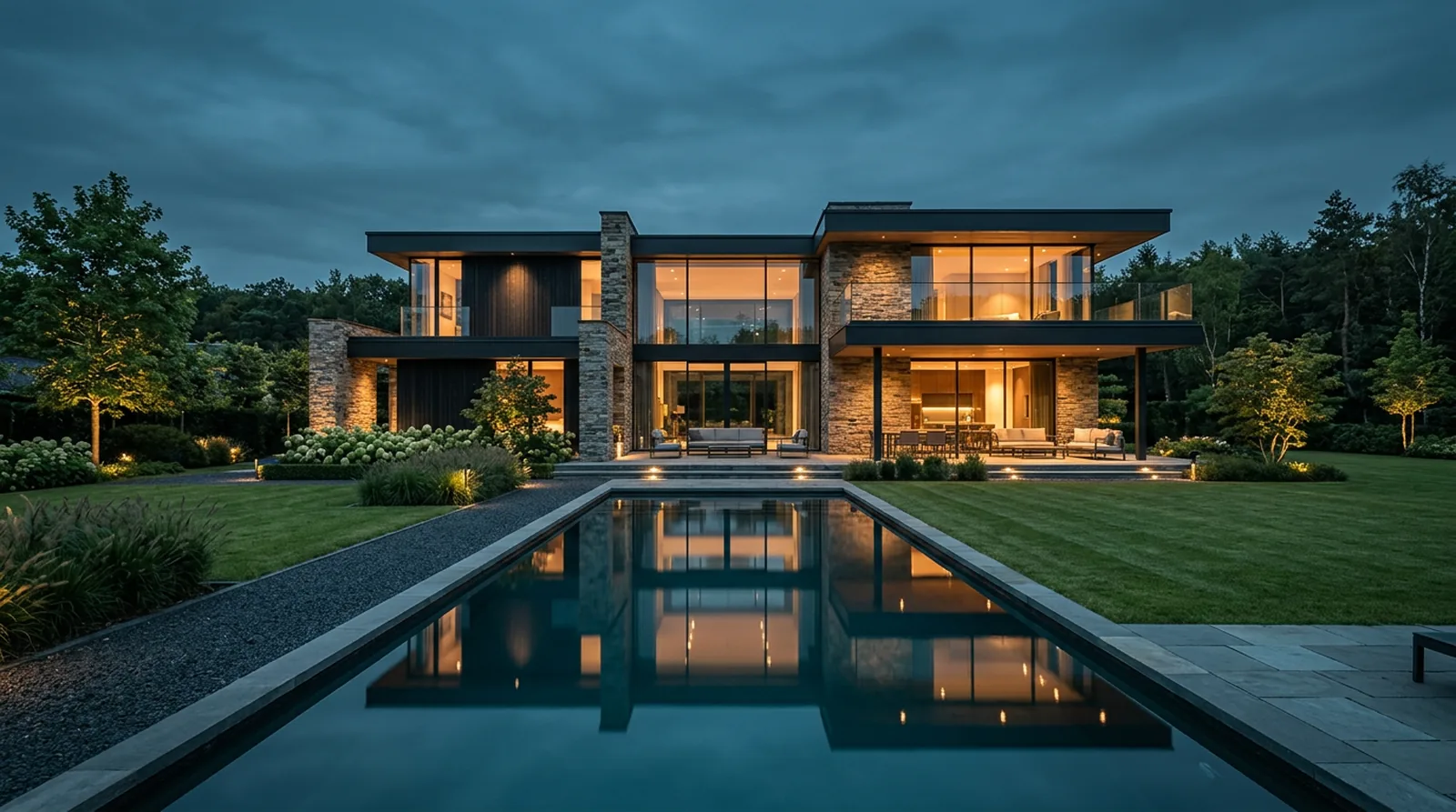 A large modern residence at dusk, with the controlled systems called out across it.